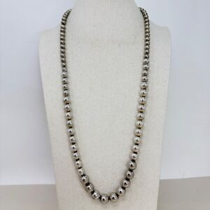 Metal Ball Bead Necklace Graduated Chain Clasp Silver Tone Vintage Long Heavy